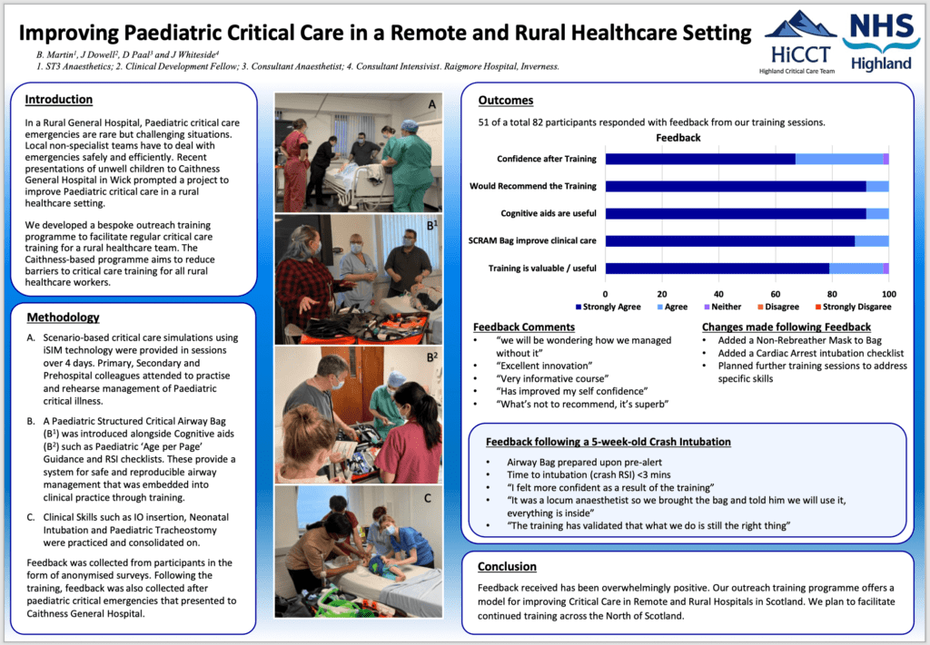 Improving Paediatric Critical Care in a Remote and Rural Healthcare Setting: NHS Highland programme poster by B. Martin, J. Dowell, D. Paal and J. Whiteside