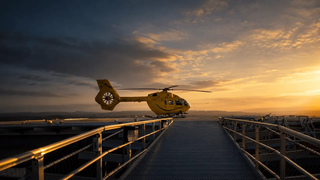 Air ambulance helicopter on a helipad at sunset