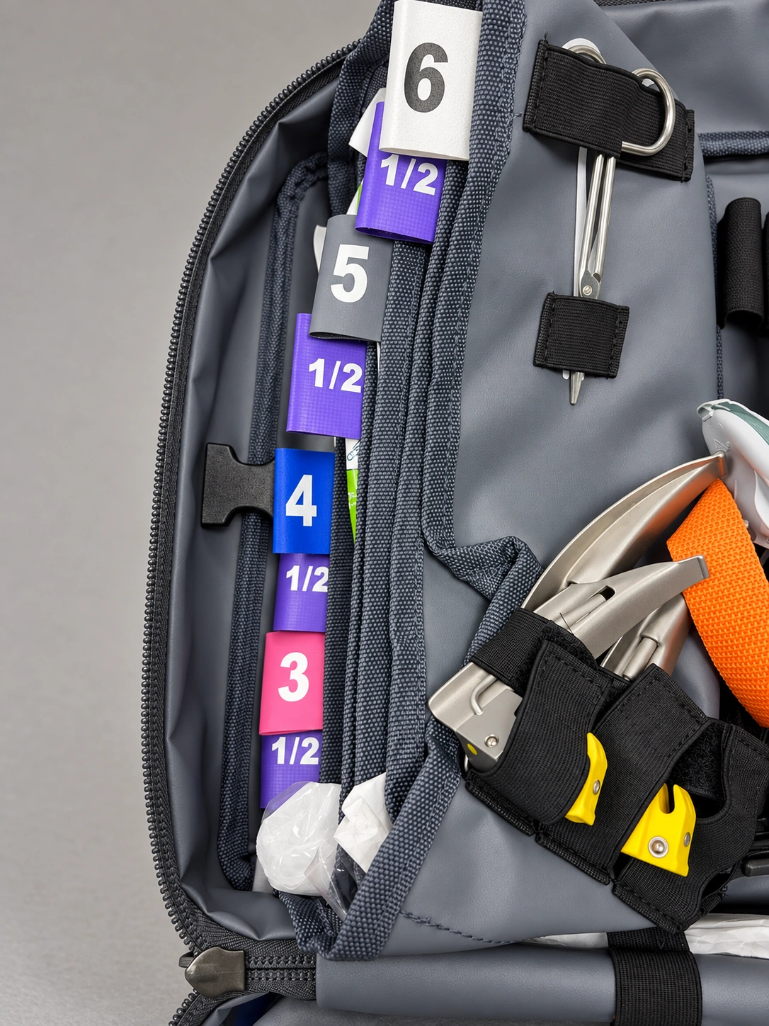 Paediatric tube pouch inside a grey airway bag. Tabs from bottom to top: violet 1/2, pink 3, violet 1/2, blue 4, violet 1/2, grey 5, violet 1/2, white 6. Laryngoscope blades sit in the pocket beside it.