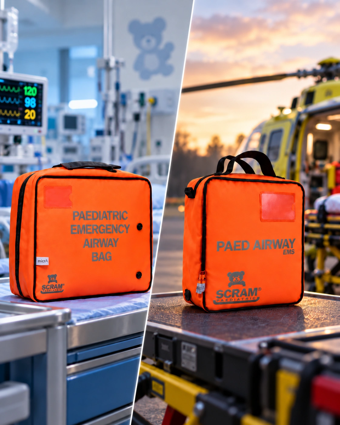 Paediatric SCRAM™ and PaedEMS SCRAM™ airway bags shown in their hospital and prehospital settings