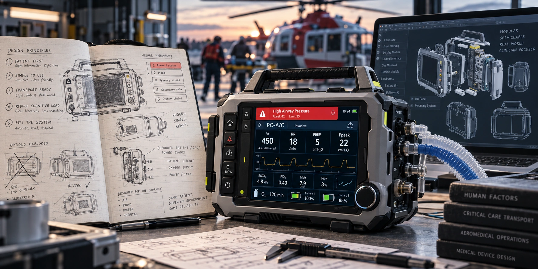 Concept development of a prehospital ventilator, with hand sketches, a physical prototype and an exploded CAD model in an aeromedical design workspace